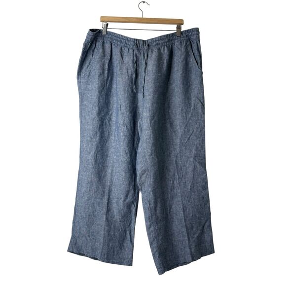 LL Bean 100% Linen Pull On Pants Size 20W Wide Leg Blue Travel Coastal Beachy - Picture 1 of 10